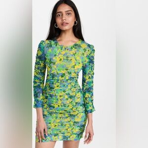 Ganni Ruched Printed Stretch-Mesh Mini Dress